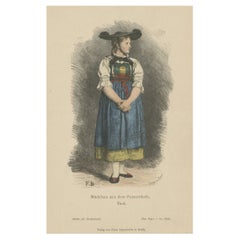 Antiker Kostümdruck eines Mädchens aus der Val Pusteria, Südtirol, Italien, um 1880