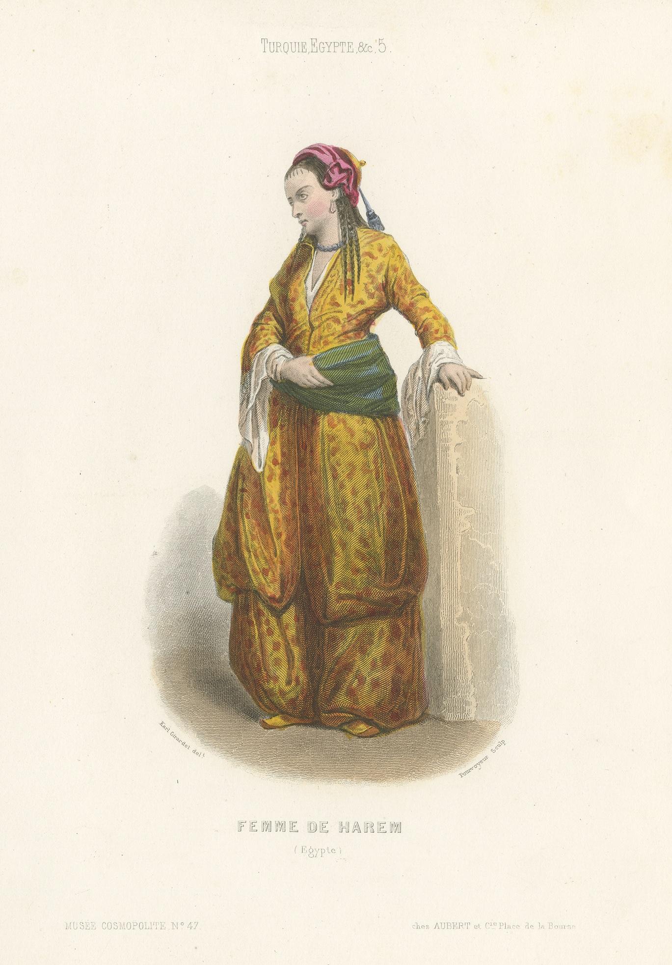 Antique costume print titled 'Femme de Harem (Egypte)'. Old print depicting a harem woman from Egypt. This print originates from 'Costumes Moderne (Musée de Costumes). Published in Paris: Ancienne Maison Aubert.