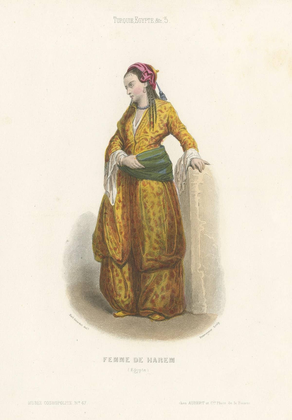 Antique Costume Print of a Harem Woman from Egypt by Aubert, 1850