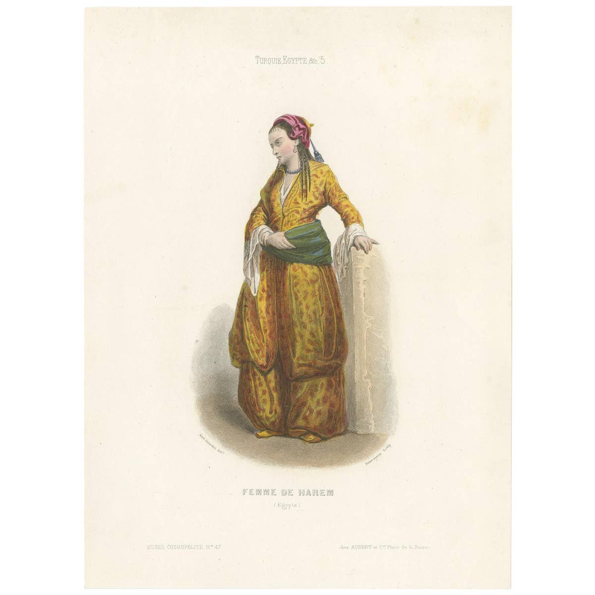 Antique Costume Print of a Harem Woman from Egypt by Aubert, 1850