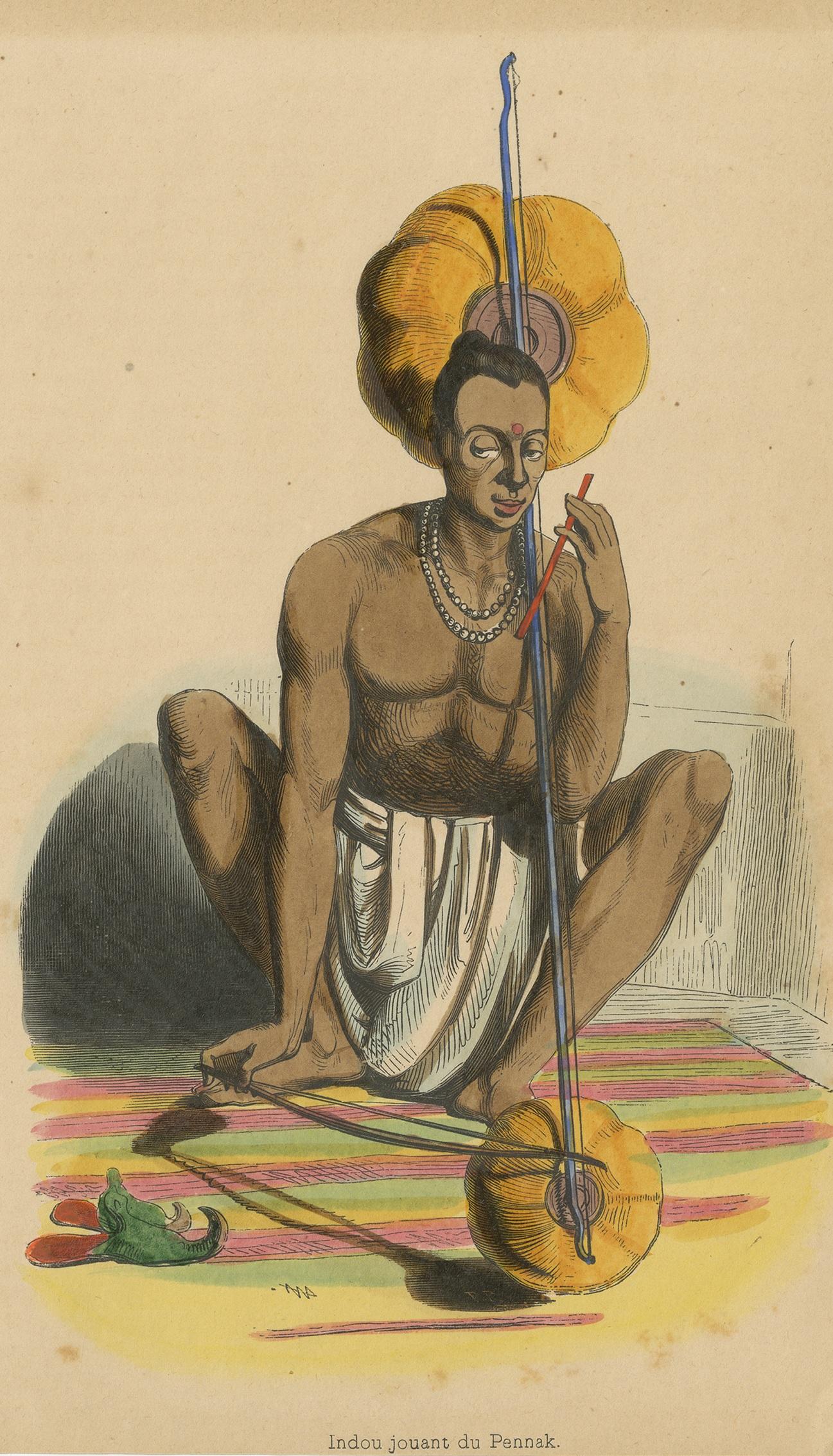 Antique Costume Print of a Hindu Musician by Wahlen, '1843' In Good Condition For Sale In Langweer, NL