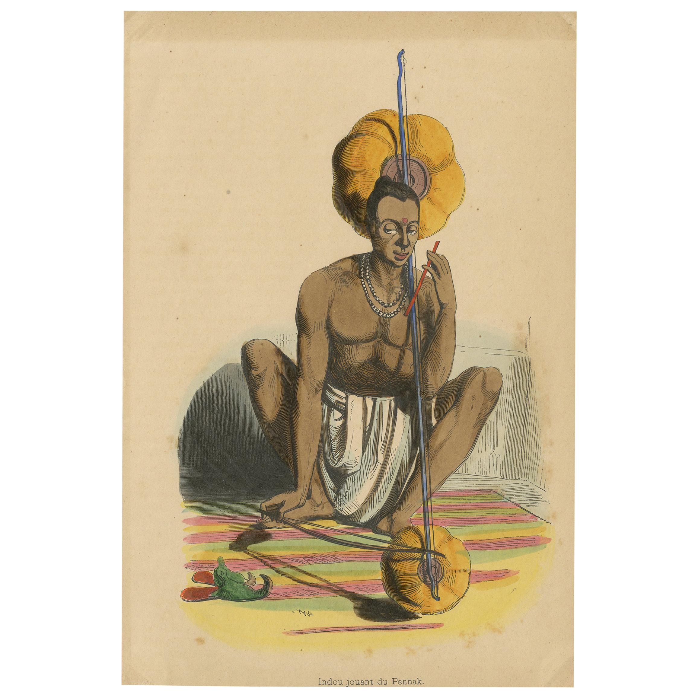 Antique Costume Print of a Hindu Musician by Wahlen, '1843' For Sale