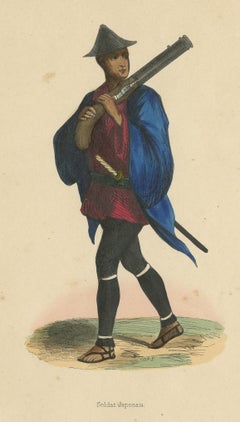 Stampa antica in costume di un soldato giapponese di Wahlen, 1843