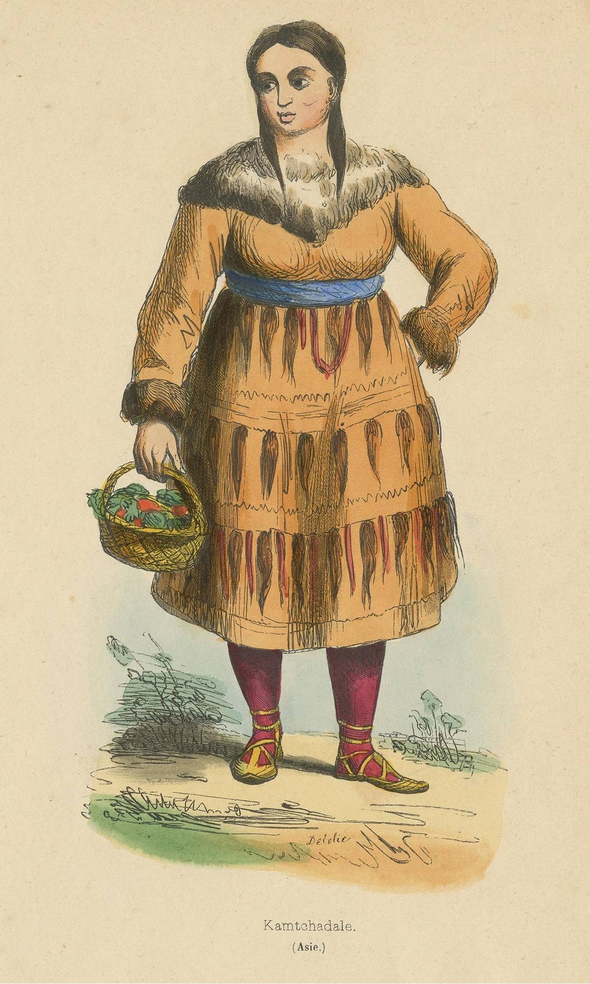 Antique Costume Print of a Kamchadal Woman by Wahlen '1843'