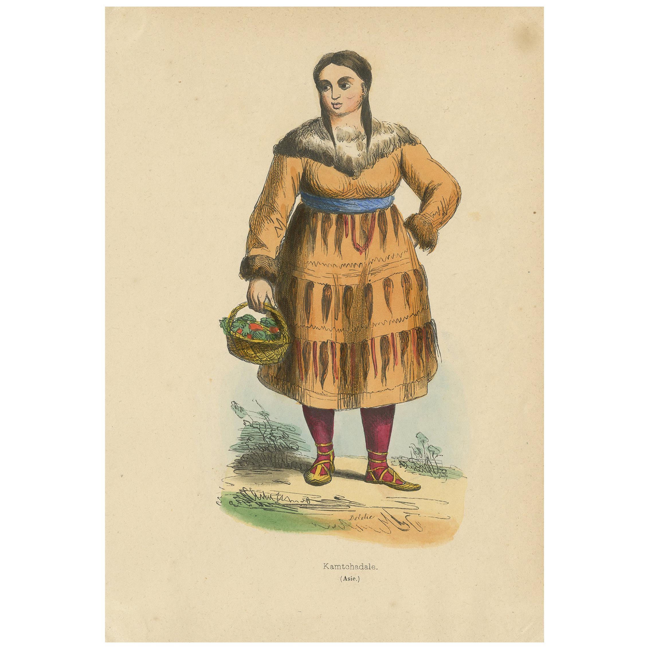 Grabado antiguo de traje de una mujer Kamchadal por Wahlen '1843