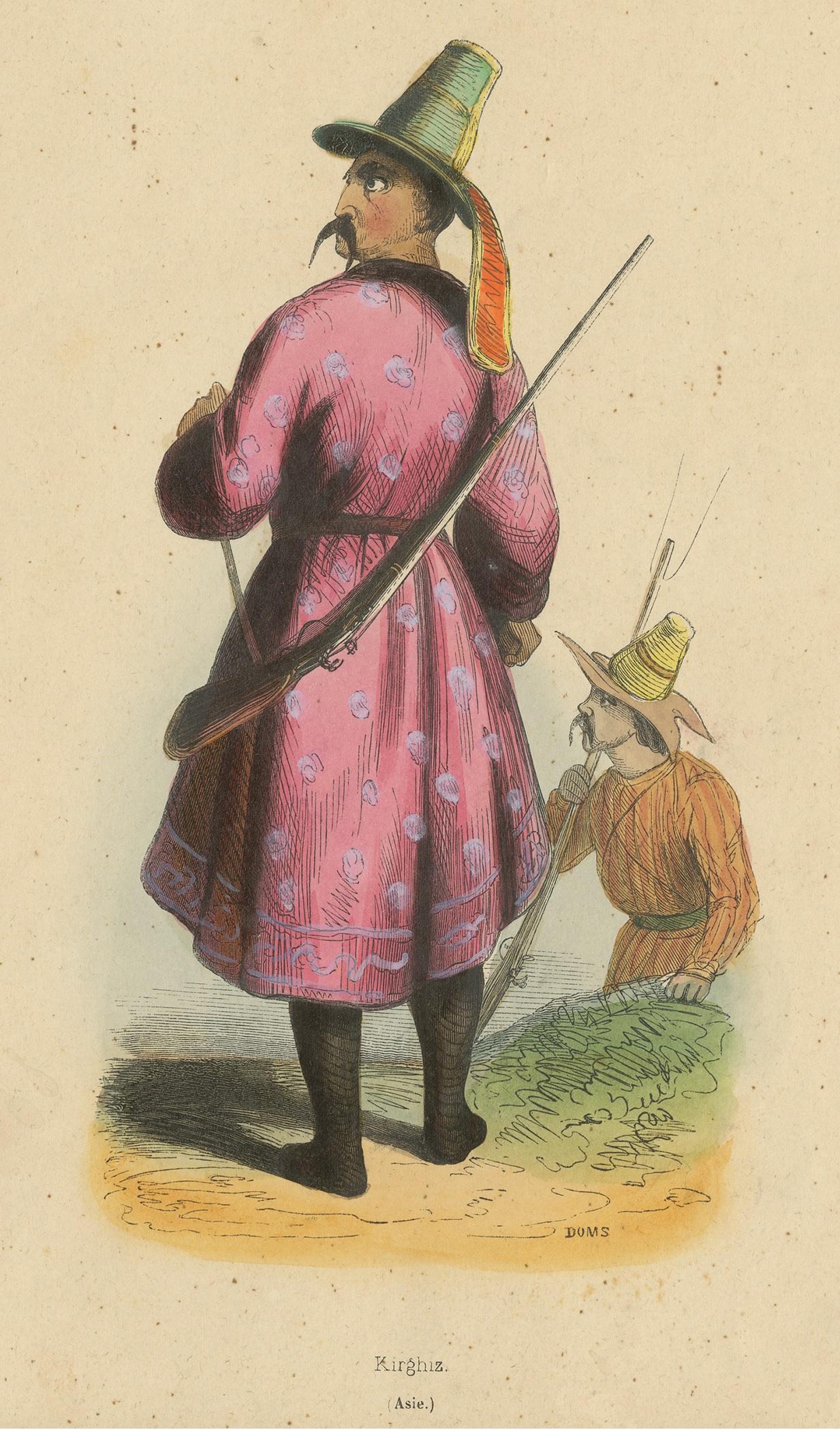 Antique costume print titled 'Kirghiz'. Original antique print of a Kyrgyz man. This print originates from 'Moeurs, usages et costumes de tous les peuples du monde' by Auguste Wahlen.