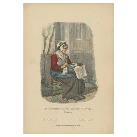 Antique Costume Print of a Lacemaker from Bruges, Flanders in Belgium, c.1880