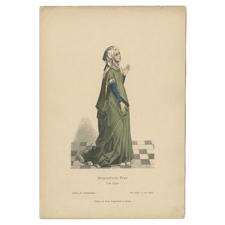 Antiker antiker Kostümdruck einer Dame aus Burgund, Frankreich, um 1880