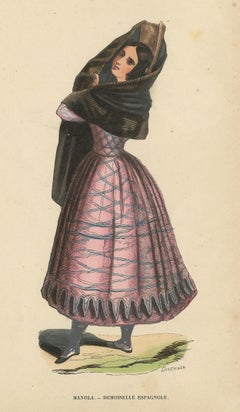 Antique Costume Print of a Lady in Traditional Spanish Costume by Wahlen, 1843