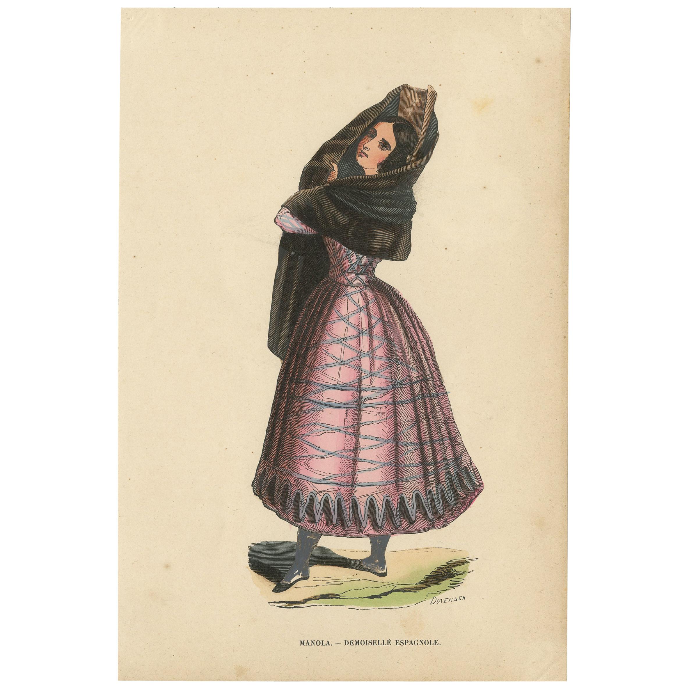 Antiker Kostümdruck einer Dame in traditionellem spanischen Kostüm von Wahlen, 1843