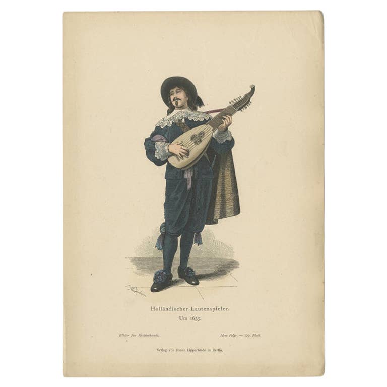 Antique Costume Print of a Lute Player from Holland, c.1880