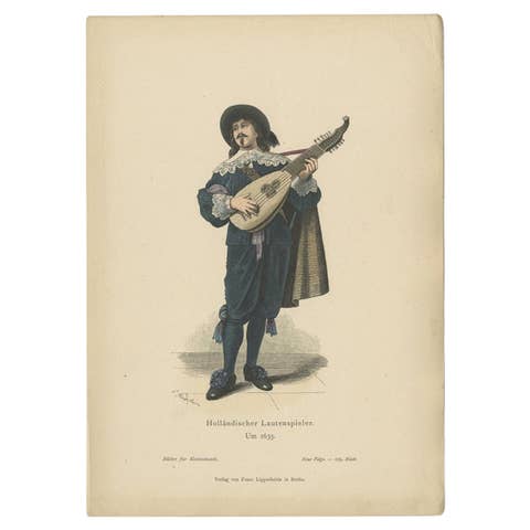 Antique Costume Print of a Lute Player from Holland, c.1880