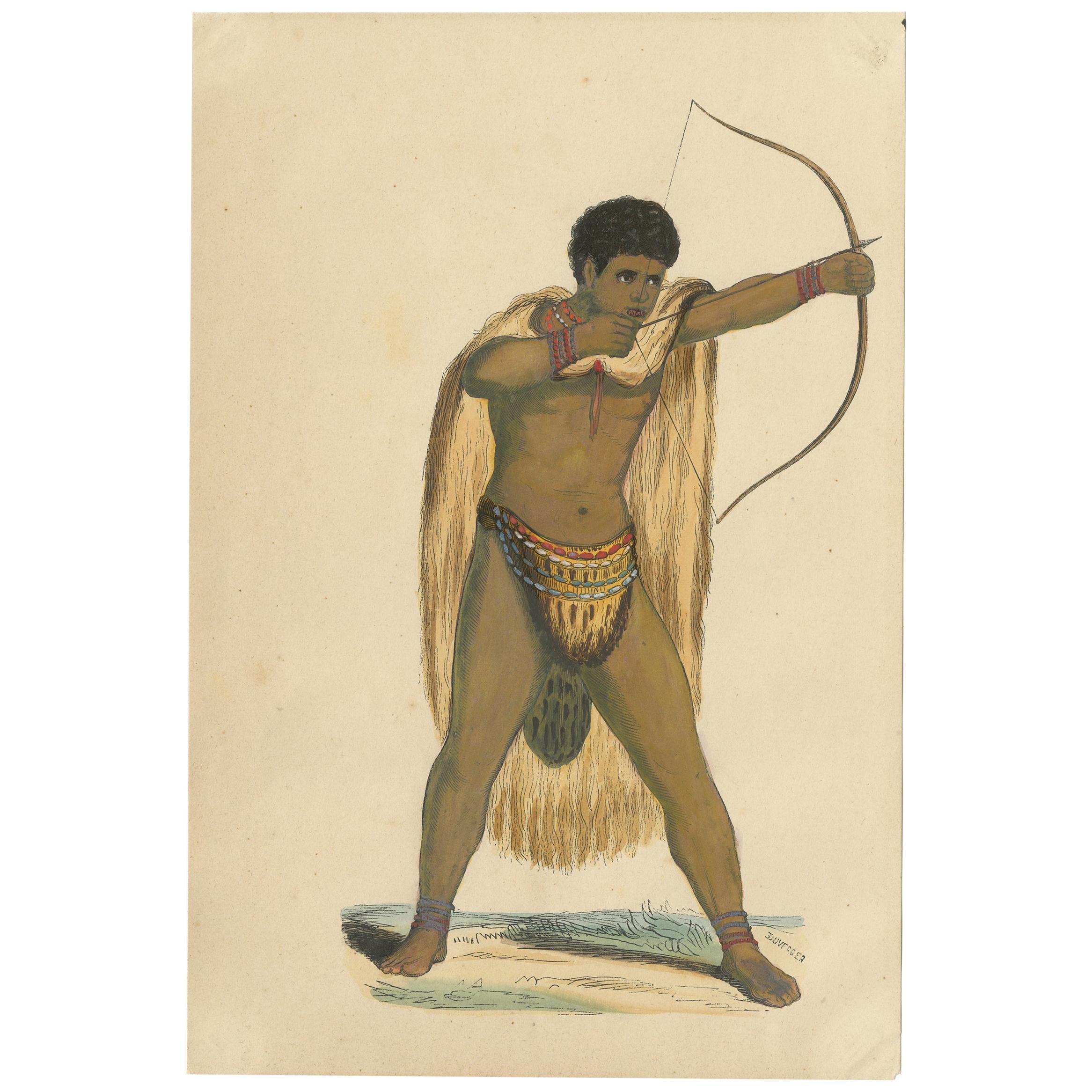 Antique Costume Print of a Male Khoikhoi by Wahlen, '1843' For Sale
