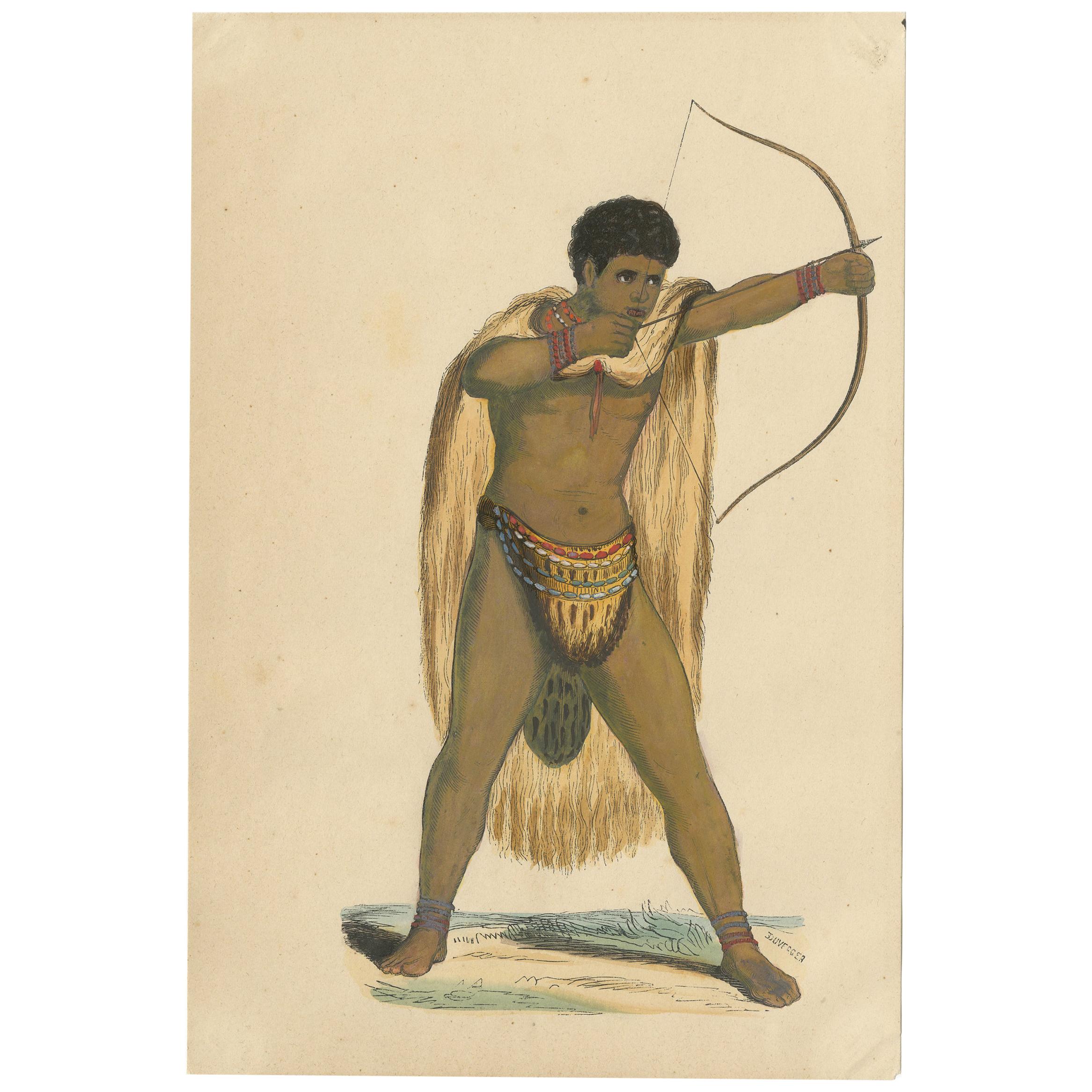 Gravure ancienne de costume d'un homme Khoikhoi par Wahlen:: '1843'