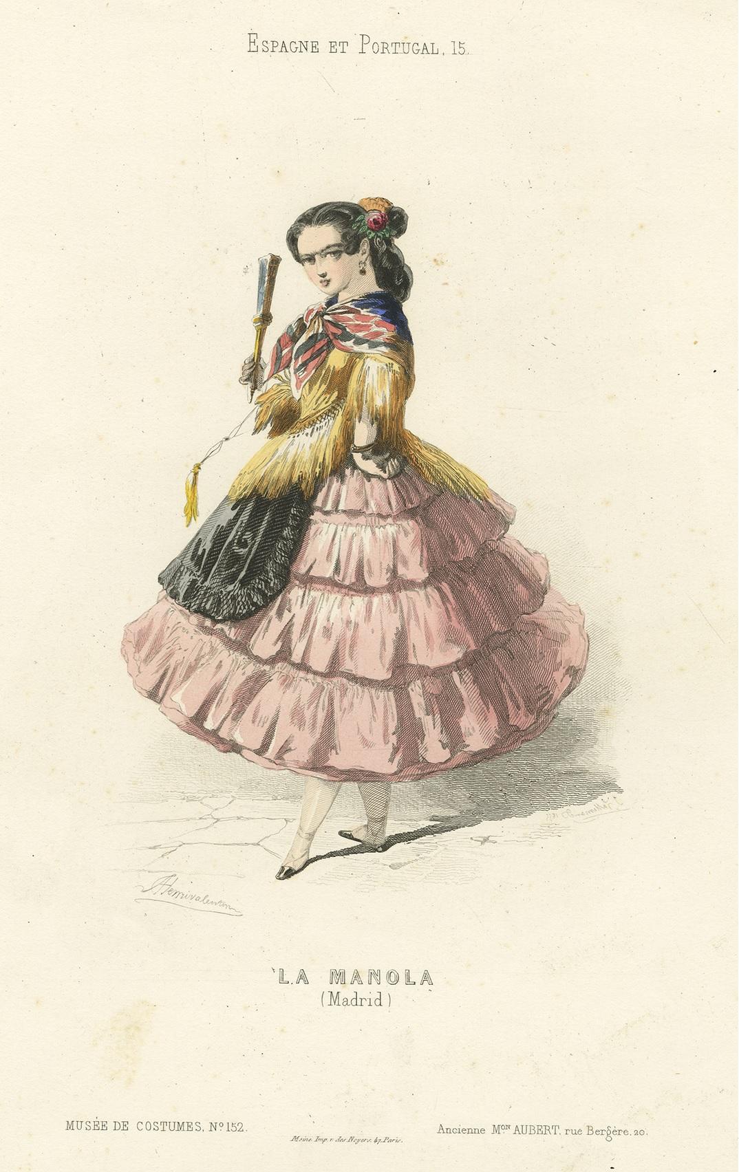 Antique costume print titled 'Femme des Environs de Vitoria'. Old print depicting a 'Manola' from Spain. This print originates from 'Costumes Moderne (Musée de Costumes). Published in Paris: Ancienne Maison Aubert.