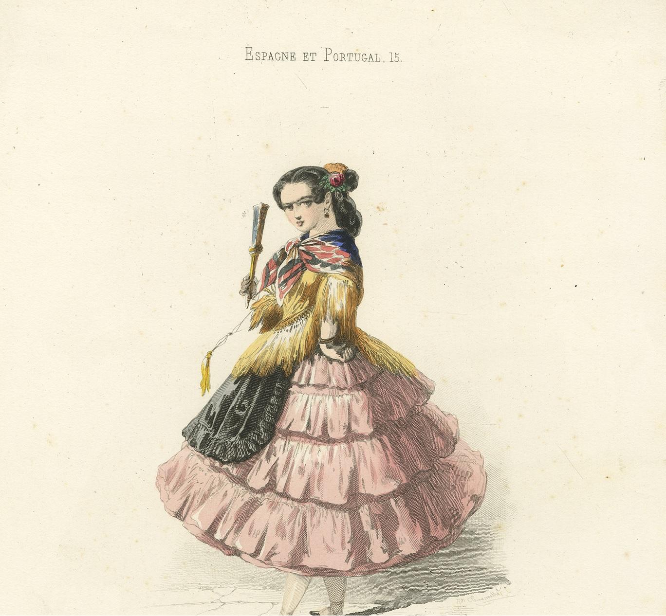 Impression de costume ancien d'une « La Manola » de Madrid, Espagne (1850) Bon état - En vente à Langweer, NL
