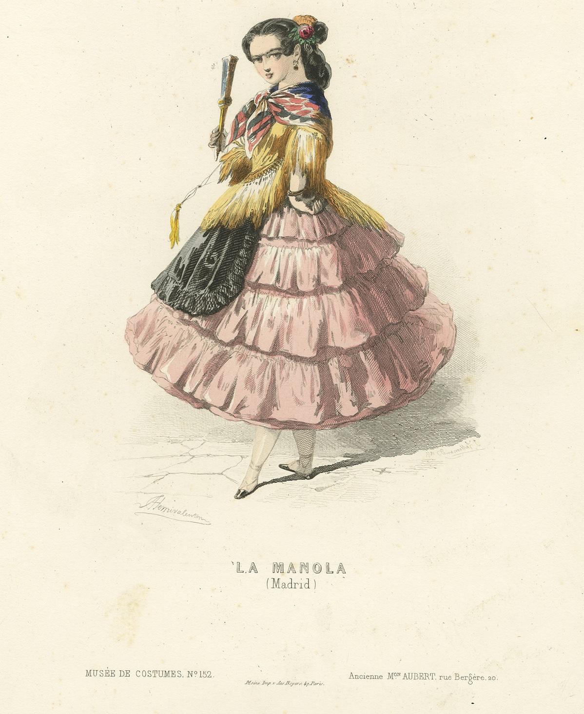 XIXe siècle Impression de costume ancien d'une « La Manola » de Madrid, Espagne (1850) en vente