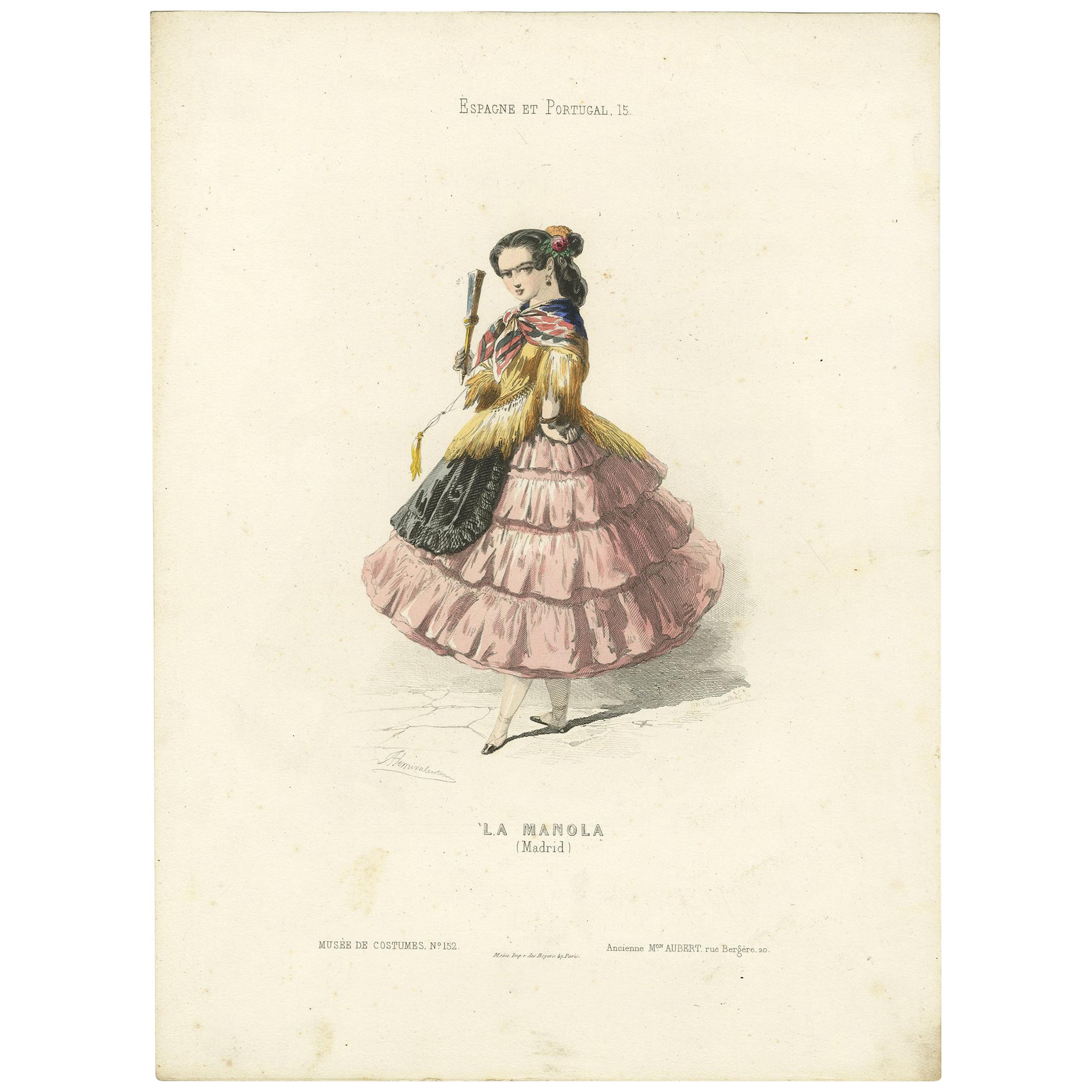 Impression de costume ancien d'une « La Manola » de Madrid, Espagne (1850)