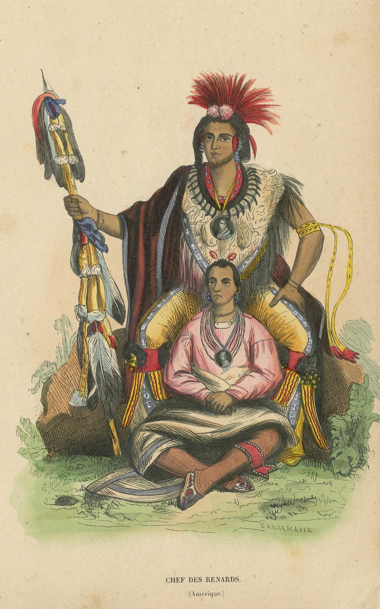 Antique costume print titled 'Chef des Renards'. Original antique print of a Meskwaki Chief. This print originates from 'Moeurs, usages et costumes de tous les peuples du monde' by Auguste Wahlen.