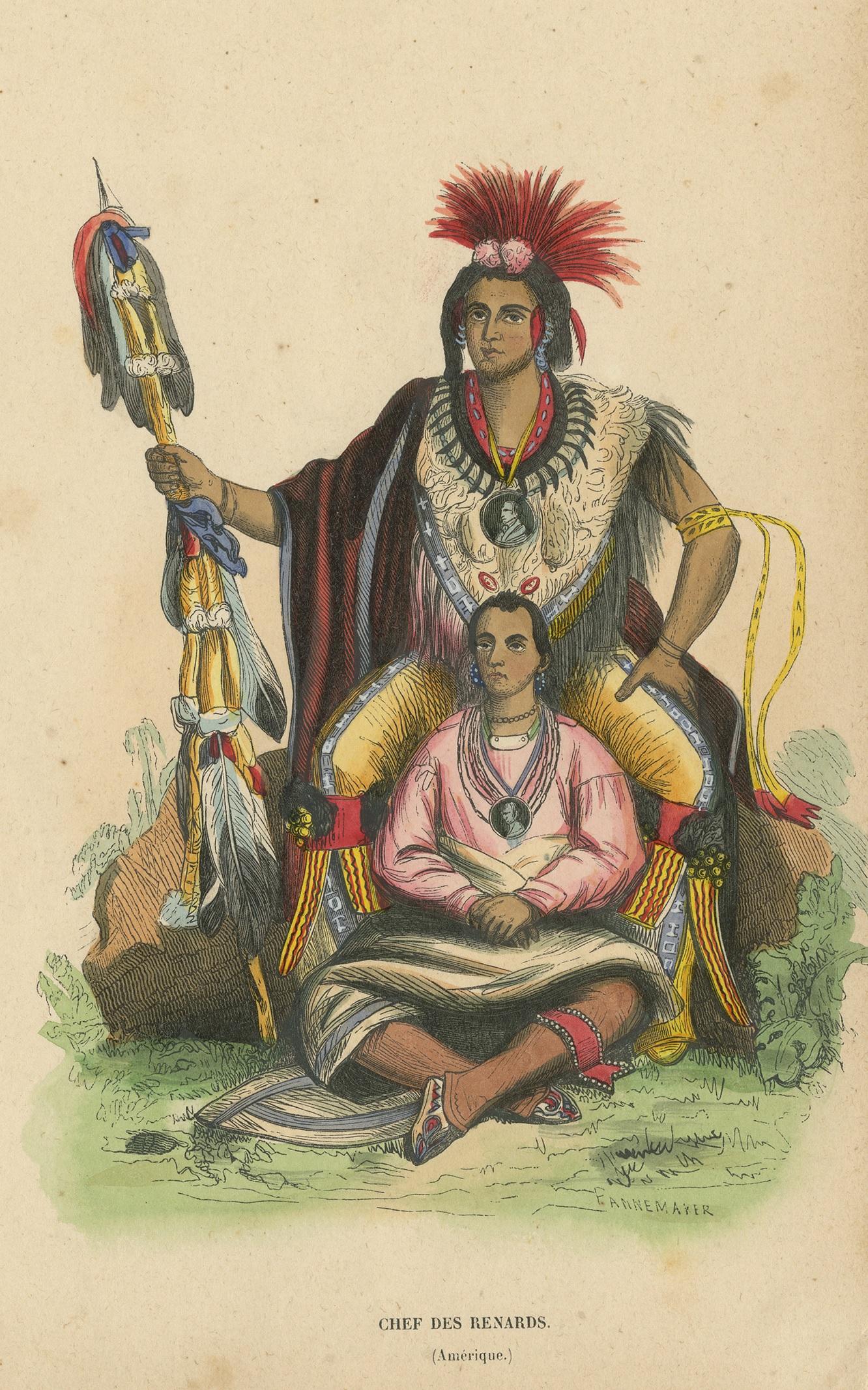 Grabado antiguo de un Jefe Meskwaki por Wahlen, 1843 en Bueno estado para la venta en Langweer, NL