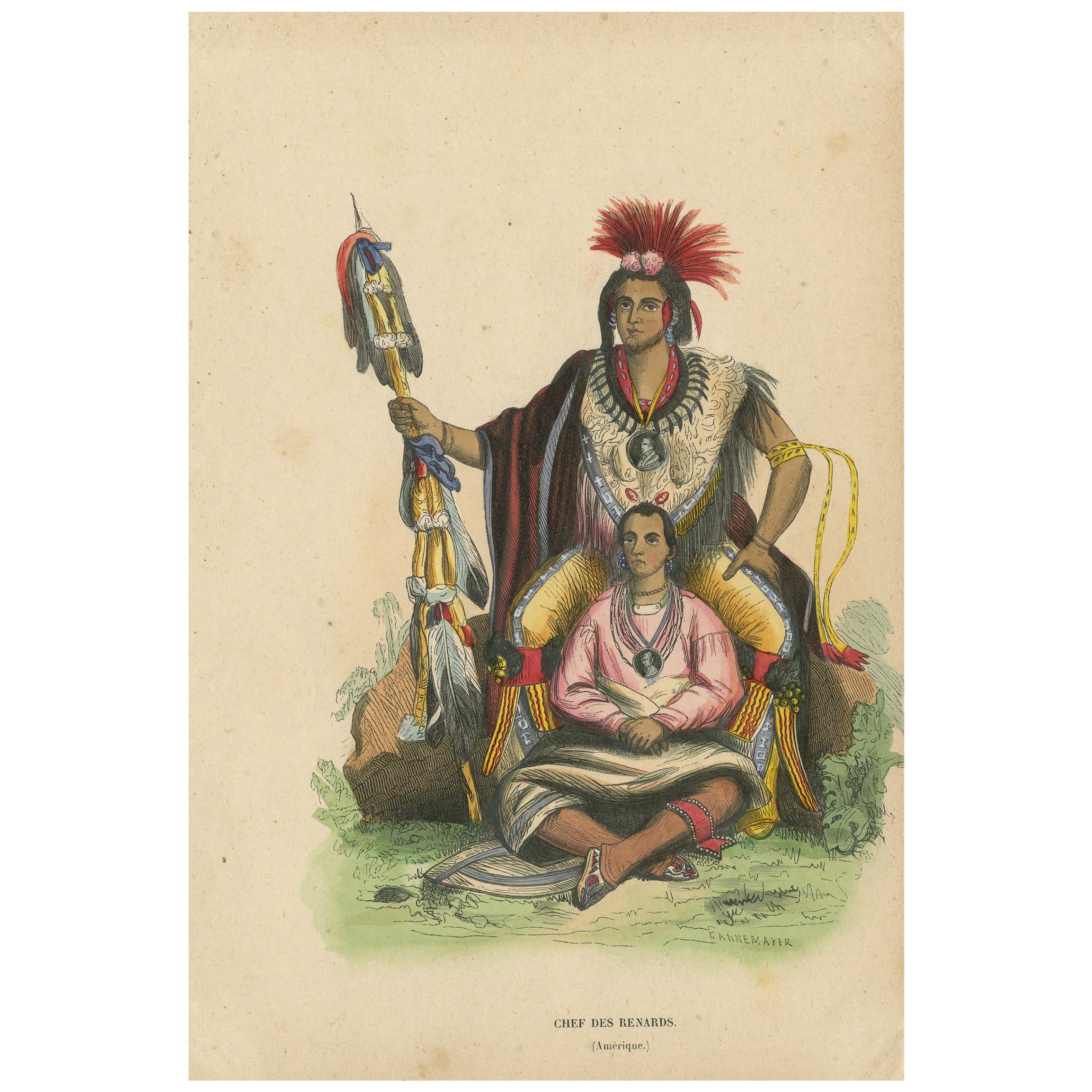 Antique Costume Print of a Meskwaki Chief by Wahlen, 1843 For Sale