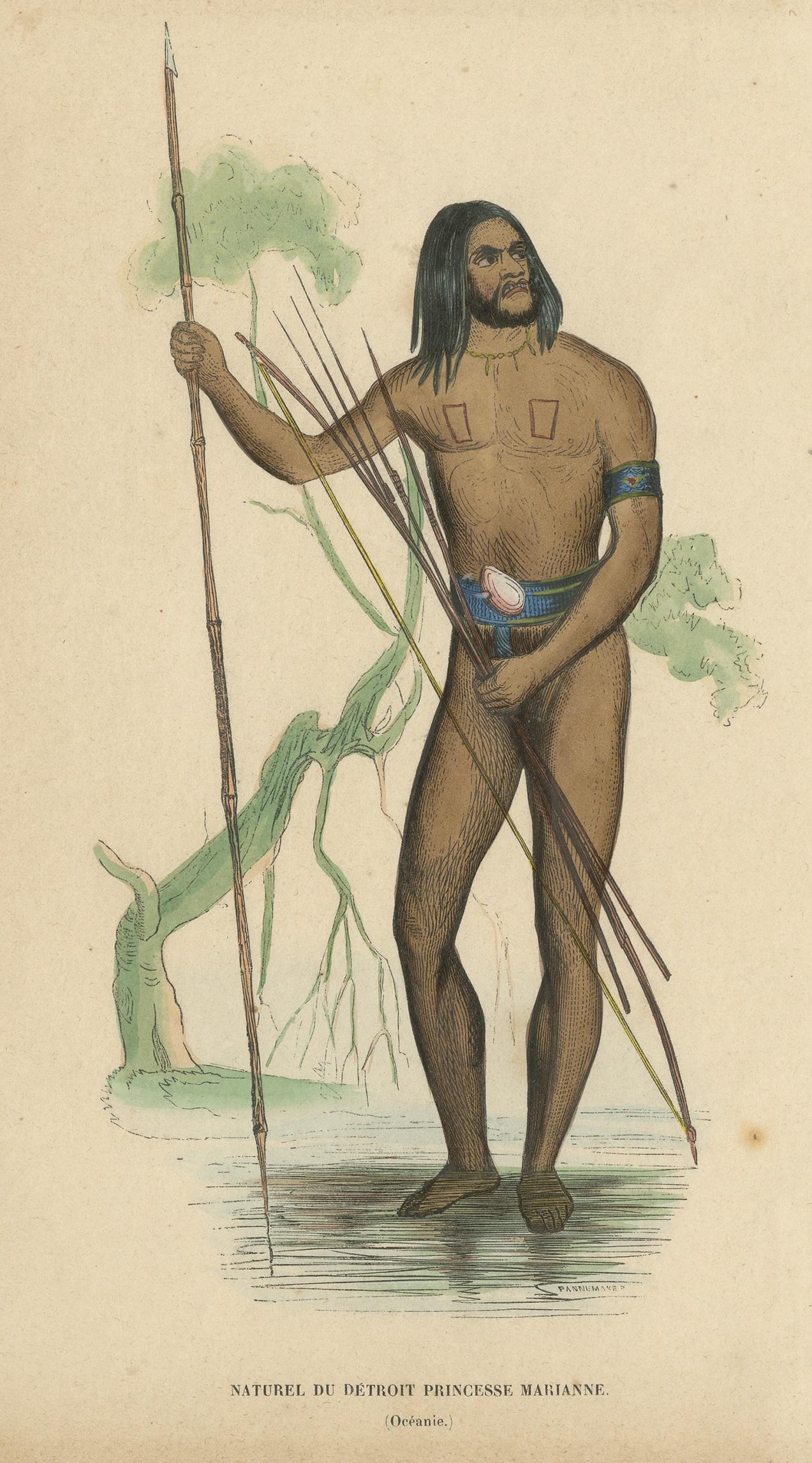 Antique Costume Print of a Native of Marianna Island by Wahlen, 1843 In Good Condition For Sale In Langweer, NL