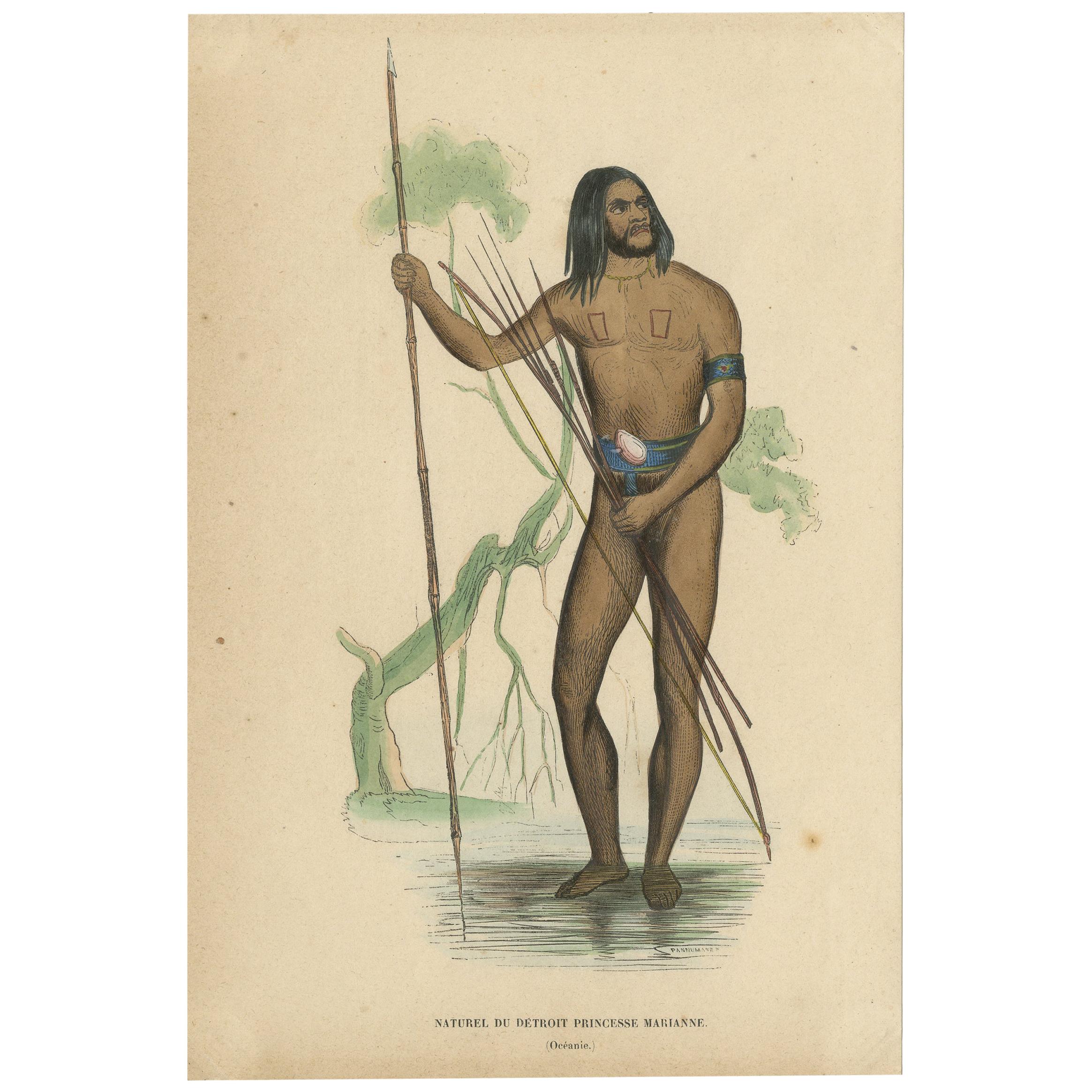 Antique Costume Print of a Native of Marianna Island by Wahlen, 1843 For Sale