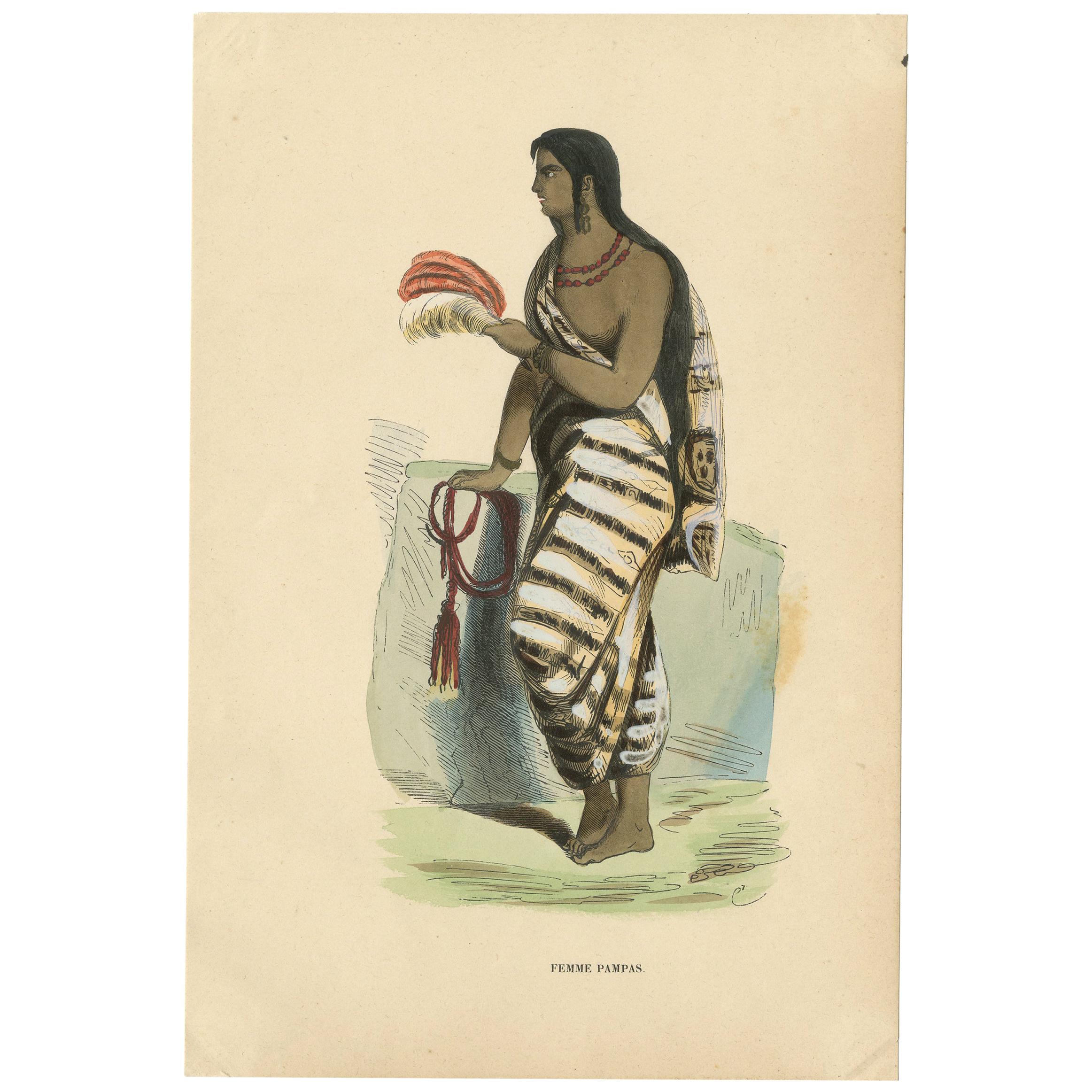 Antique Costume Print of a Pampas Woman by Wahlen, 1843 For Sale