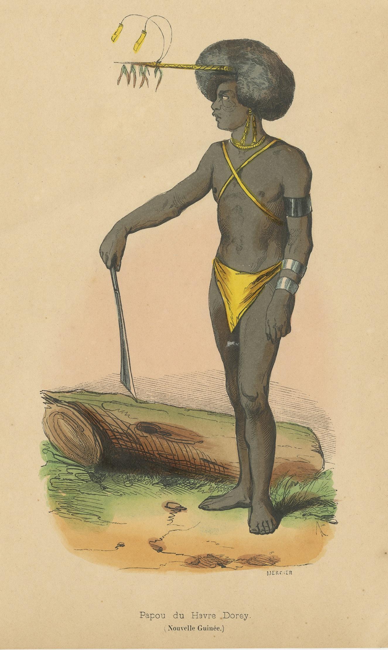 Antique costume print titled 'Papou du Havre Dorey'. Original antique print of a Papua from Dorey Habour. This print originates from 'Moeurs, usages et costumes de tous les peuples du monde' by Auguste Wahlen.