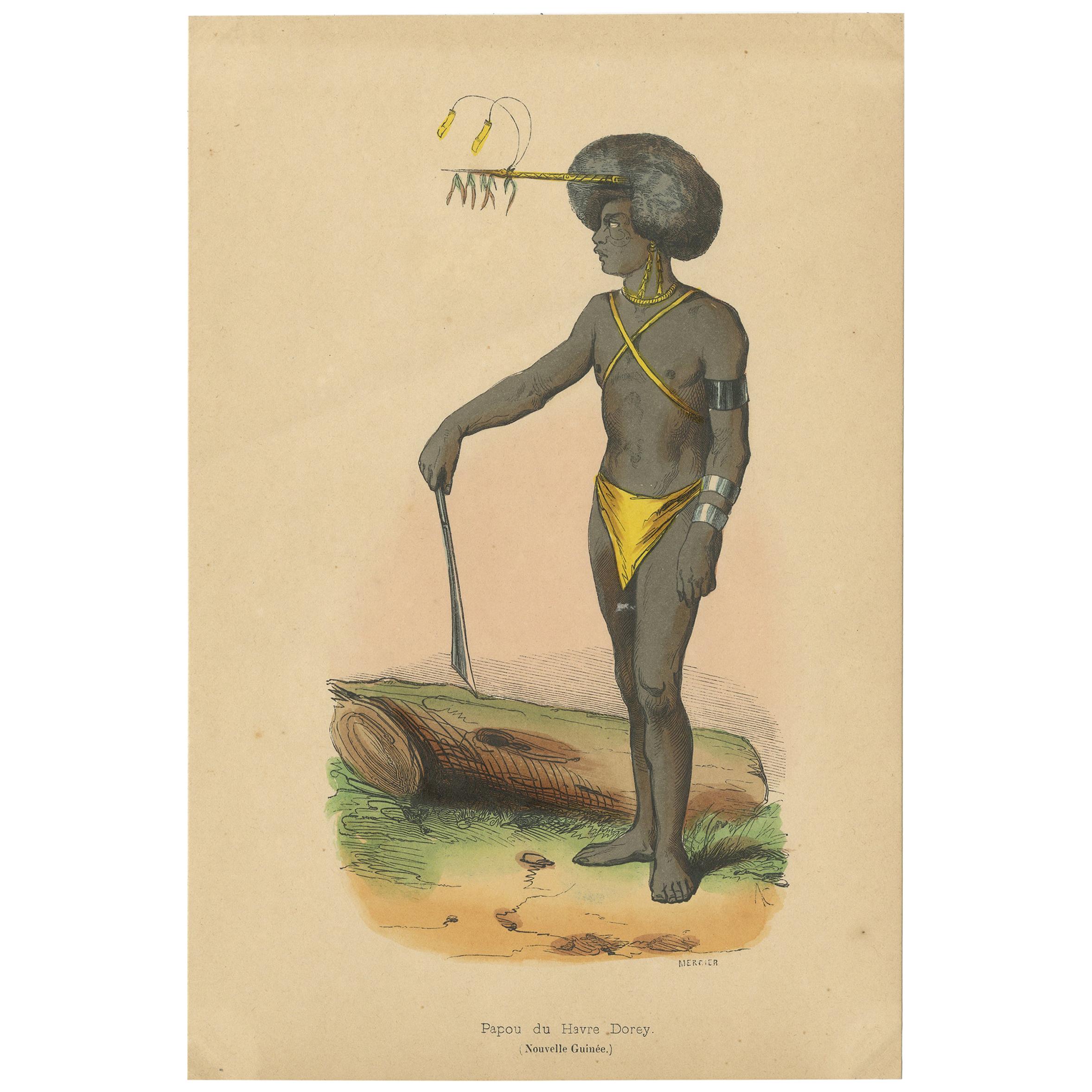 Antique Costume Print of a Papua from Dorey Harbour by Wahlen, 1843 For Sale
