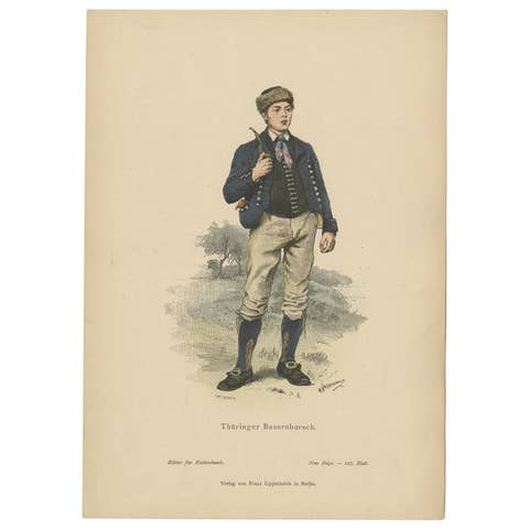 Antique Costume Print of a Peasant Boy from Thuringia in Germany, c.1880