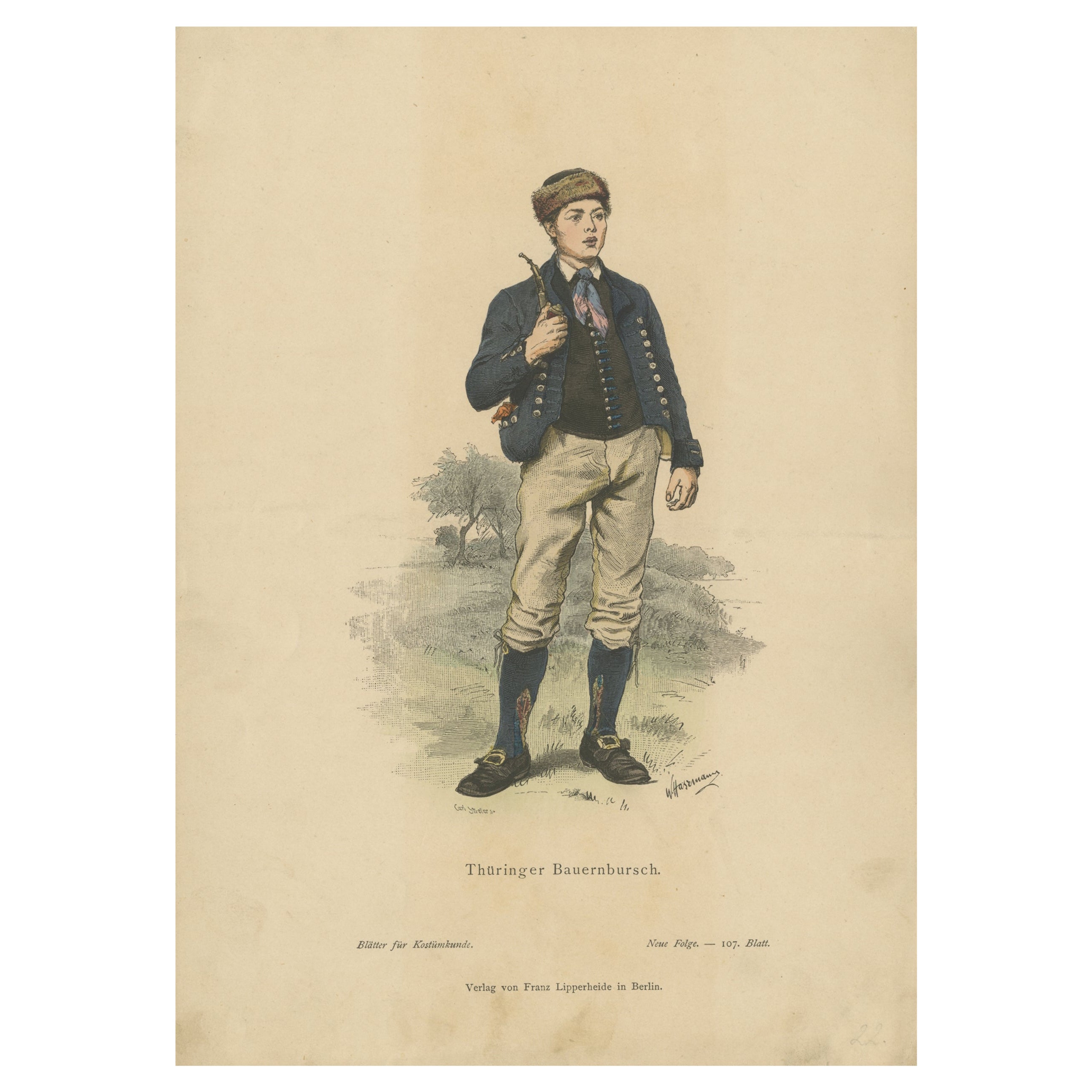 Antique Costume Print of a Peasant Boy from Thuringia in Germany, c.1880