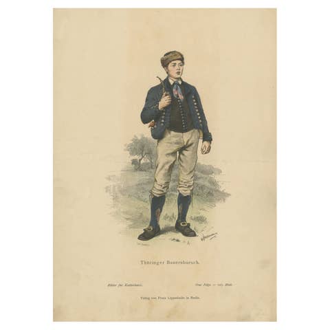 Antique Costume Print of a Peasant Boy from Thuringia in Germany, c.1880