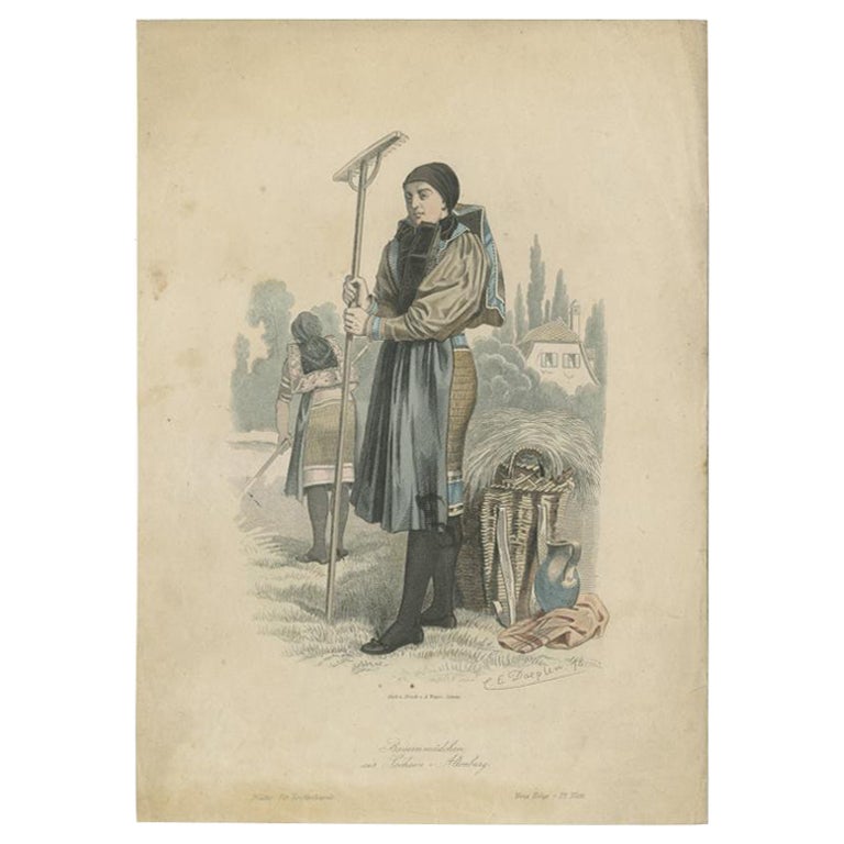 Impression de costume ancienne d'une jeune fille paysanne de Saxe-Altenburg, Allemagne, vers 1876 en vente