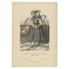 Antiker Kostümdruck eines bäuerlichen Mädchens aus dem Spreewald in Deutschland, um 1880
