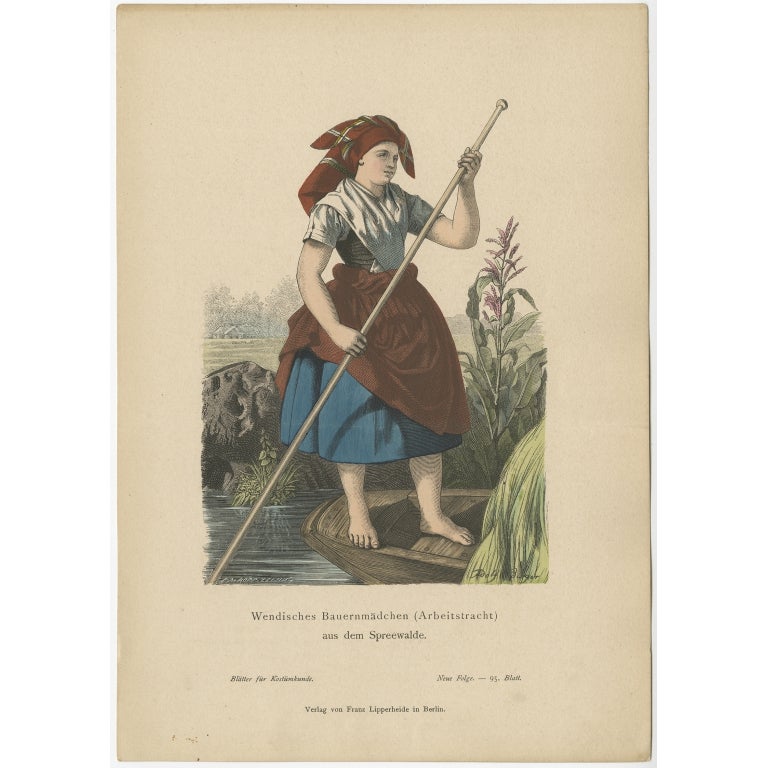 Antique Costume Print of a Peasant Girl from Spreewald in Germany, C.1880