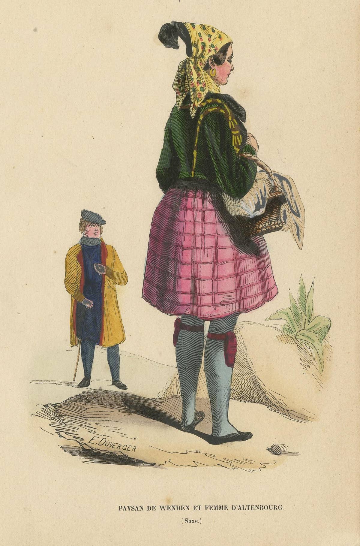 Antique Costume Print of a Peasant of Wenden and Lady of Altenburg by Wahlen