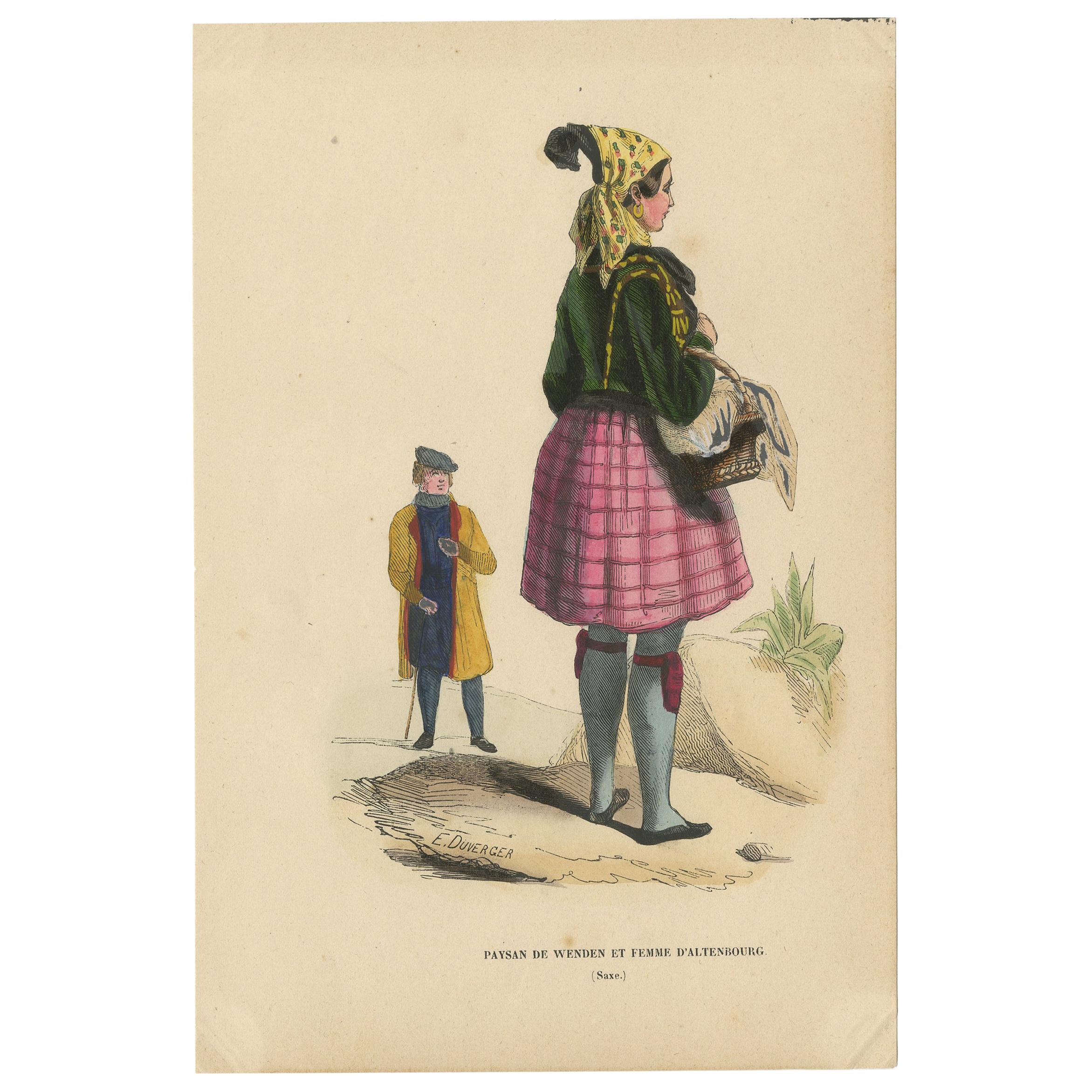 Antiker Kostümdruck eines Bauern von Wenden und einer Dame aus Altenburg von Wahlen