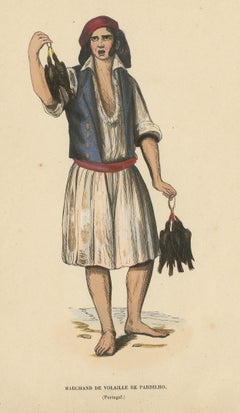 Antique Costume Print of a Poultry Merchant from Portugal by Wahlen, 1843