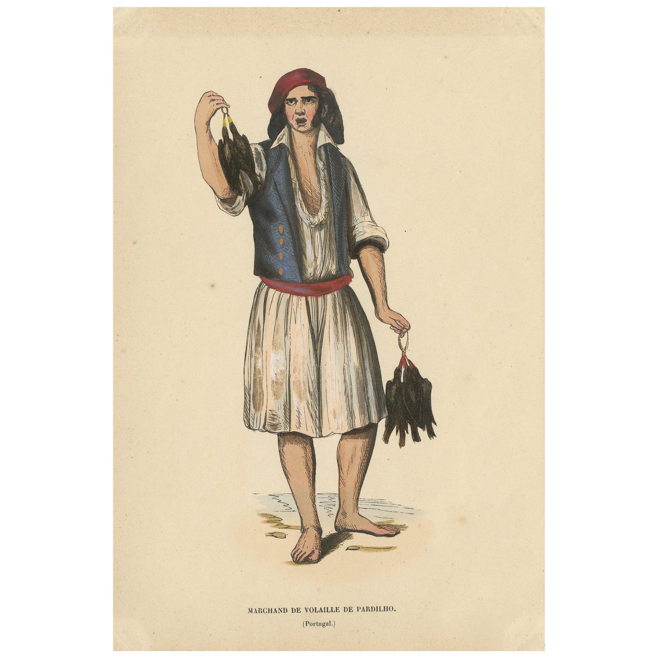 Antique Costume Print of a Poultry Merchant from Portugal by Wahlen, 1843 For Sale