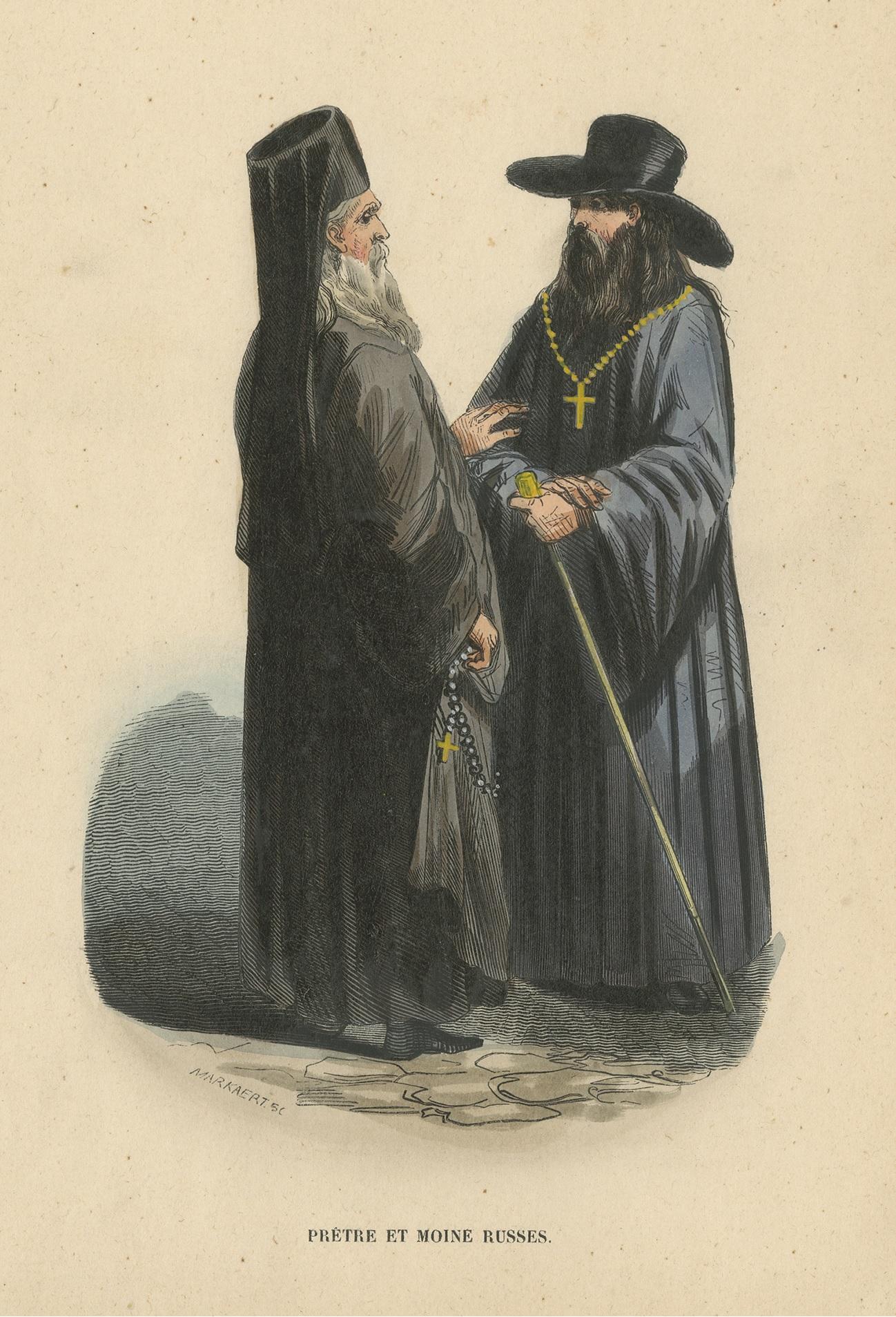 Grabado antiguo de un sacerdote y un monje de Rusia por Wahlen, 1843 en Bueno estado para la venta en Langweer, NL