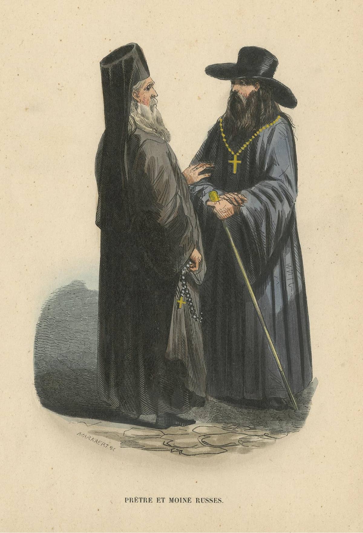 Antique Costume Print of a Priest and Monk from Russia by Wahlen, 1843