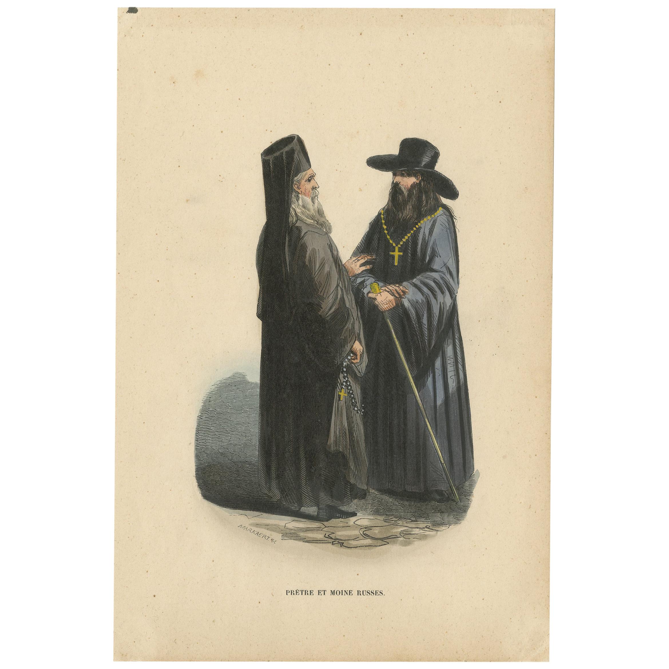Grabado antiguo de un sacerdote y un monje de Rusia por Wahlen, 1843 en venta