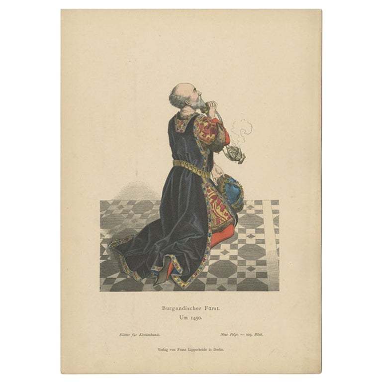 Impression de costume ancien d'un prince de Bourgogne par Lipperheide, vers 1880 en vente