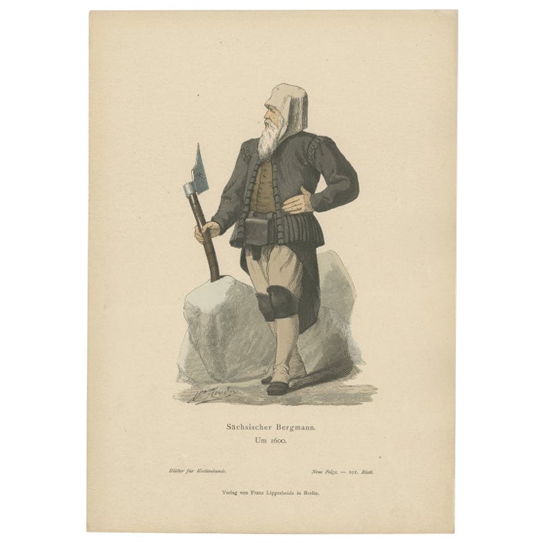 Antique Costume Print of a Saxon Miner in the Year 1600, Published in 1880 For Sale