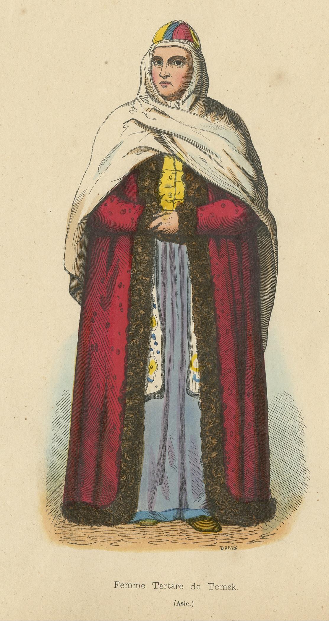 19th Century Antique Costume Print of a Tartar Woman from Tomsk by Wahlen, 1843 For Sale