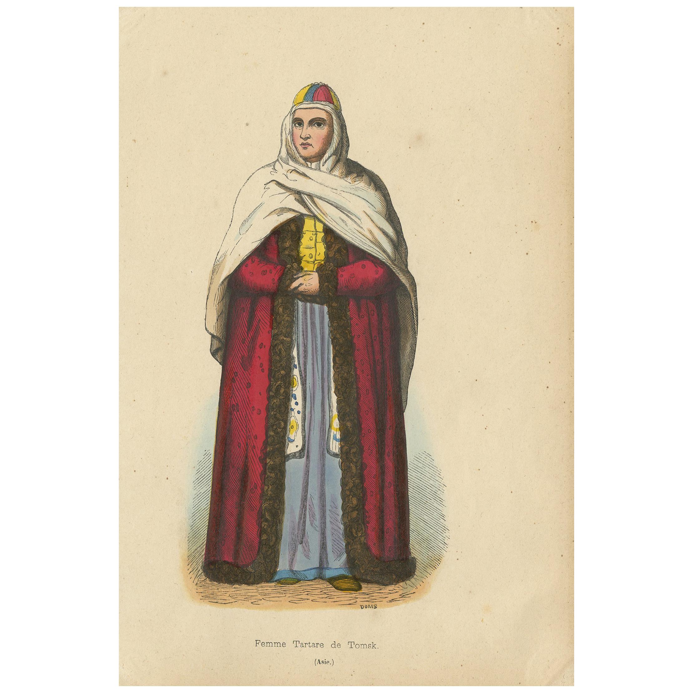 Antique Costume Print of a Tartar Woman from Tomsk by Wahlen, 1843 For Sale