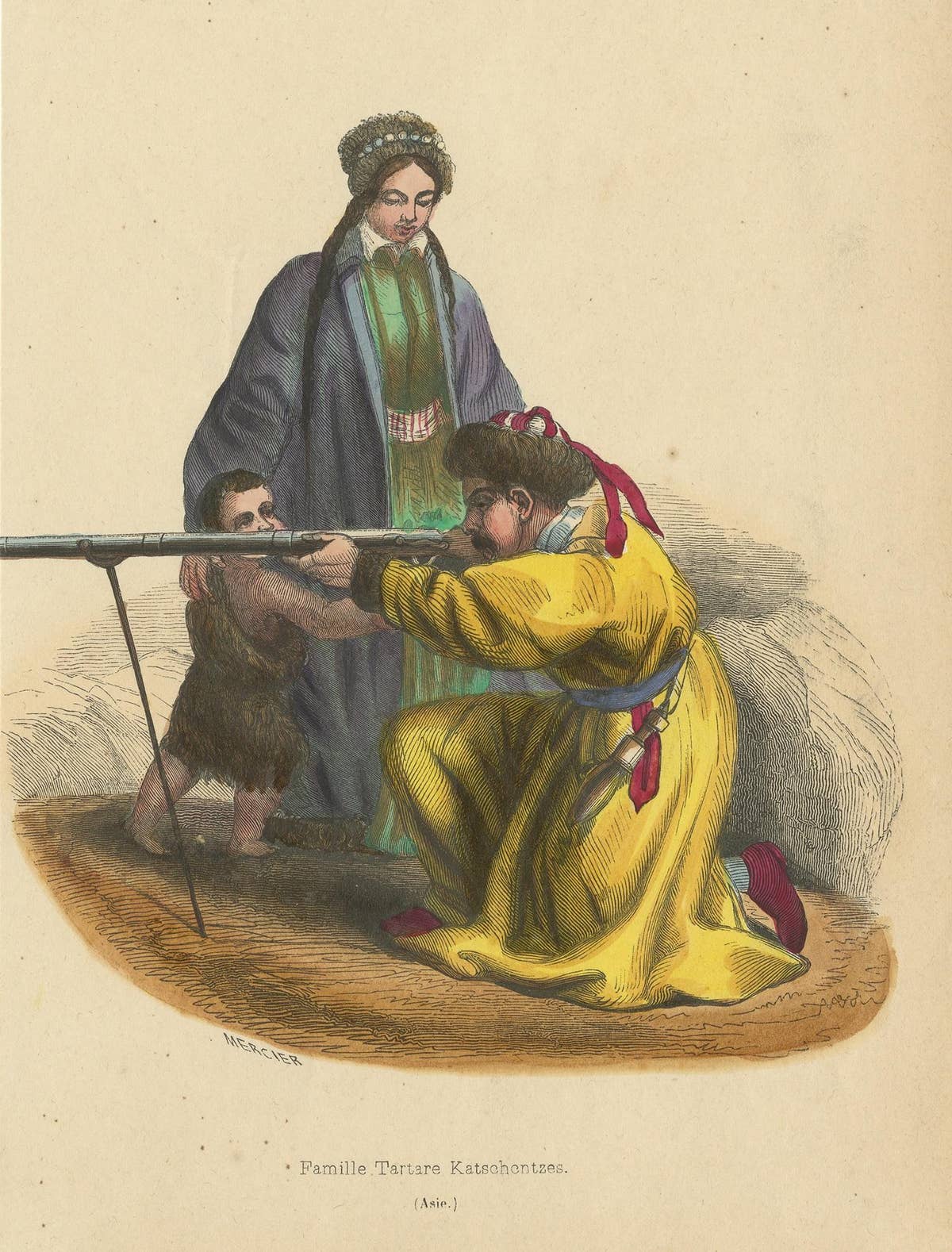 Antique Costume Print of a Tatar Family by Wahlen, '1843'