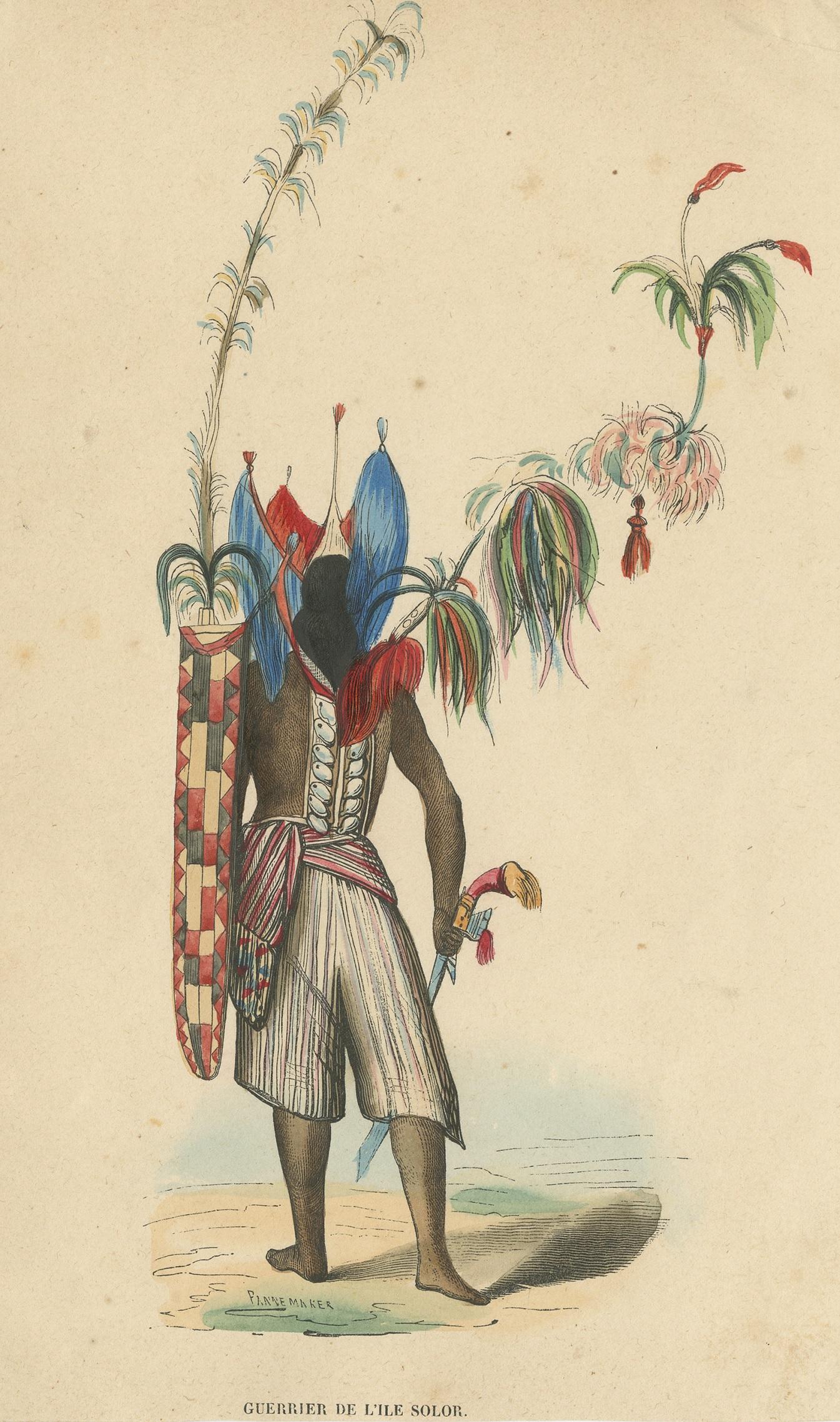 19th Century Antique Costume Print of a Warrior of Solor Island by Wahlen, '1843' For Sale