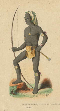 Stampa antica in costume di un guerriero dell'isola di Vanikoro di Wahlen, 1843